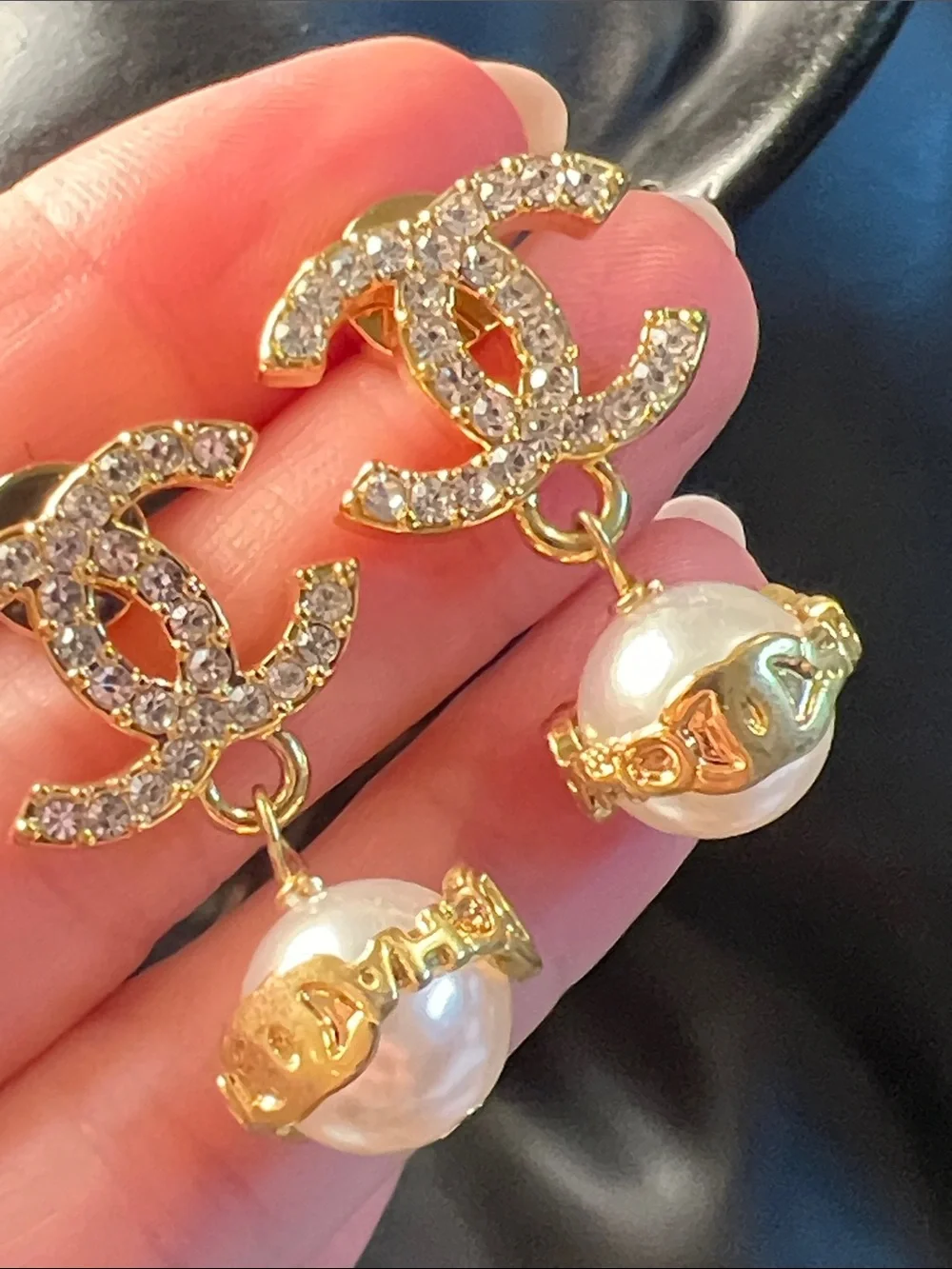 Gold Crystal Logo Pearl Drop Earrings - Picture 3 of 9